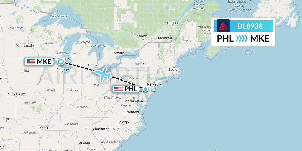 DL8938 Delta Air Lines Flight Map: Philadelphia to Milwaukee