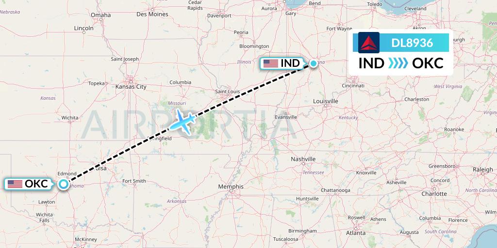 DL8936 Delta Air Lines Flight Map: Indianapolis to Oklahoma City