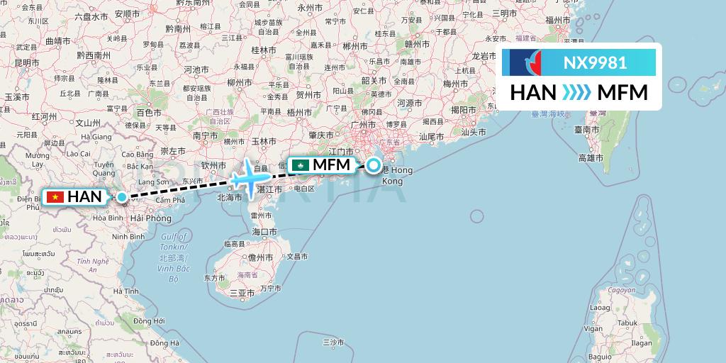 NX9981 Air Macau Flight Map: Hanoi to Macau