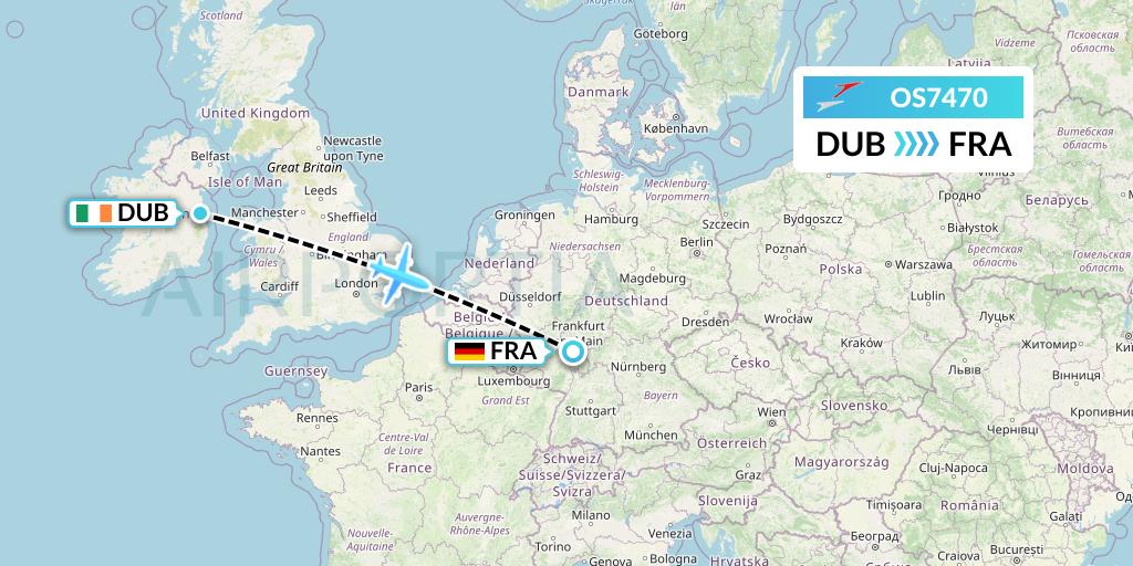 OS7470 Austrian Airlines Flight Map: Dublin to Frankfurt