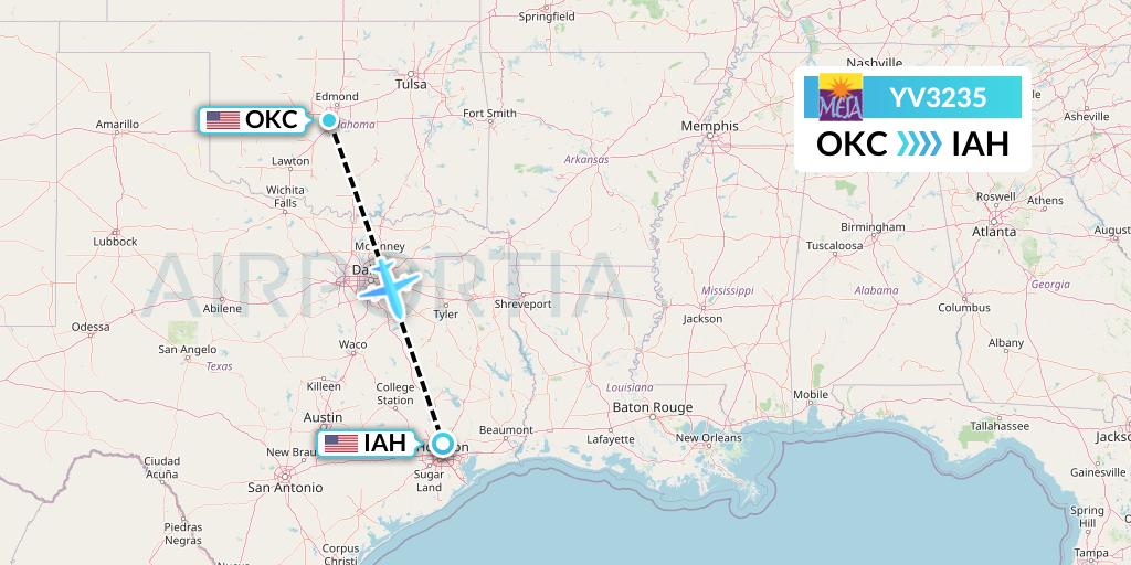 YV3235 Mesa Airlines Flight Map: Oklahoma City to Houston