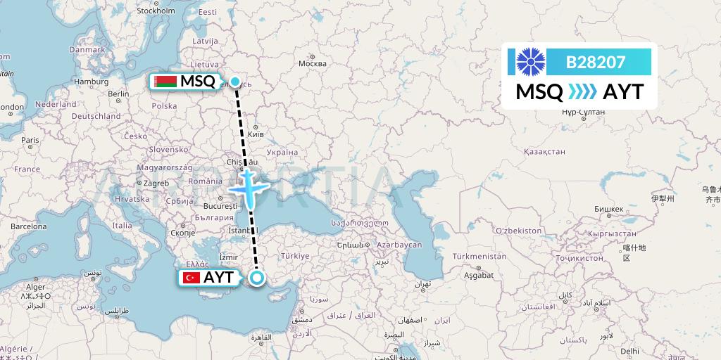 B28207 Belavia Flight Map: Minsk to Antalya