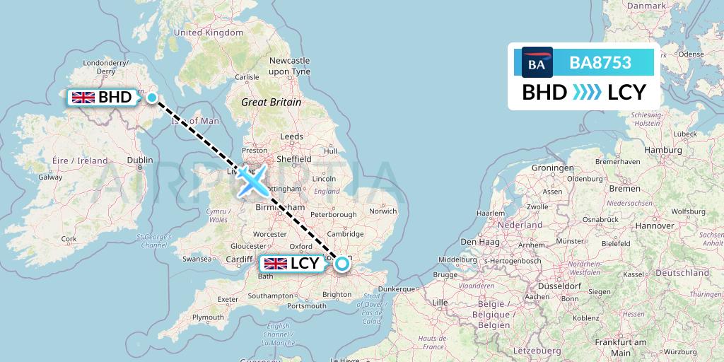 BA8753 British Airways Flight Map: Belfast to London
