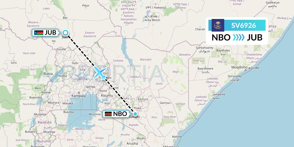 SV6926 Saudi Arabian Airlines Flight Map: Nairobi to Juba