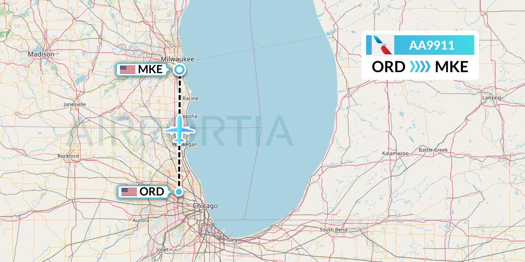 AA9911 American Airlines Flight Map: Chicago to Milwaukee