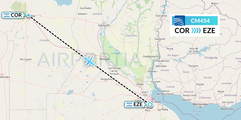 CM454 Copa Airlines Flight Map: Cordoba to Buenos Aires