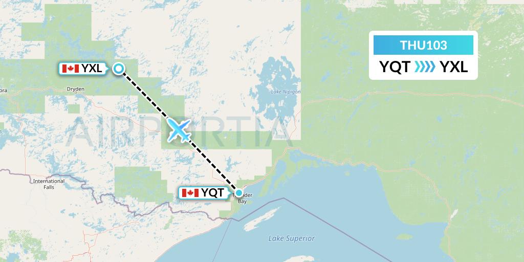 THU103 Thunder Airlines Flight Map: Thunder Bay to Sioux Lookout