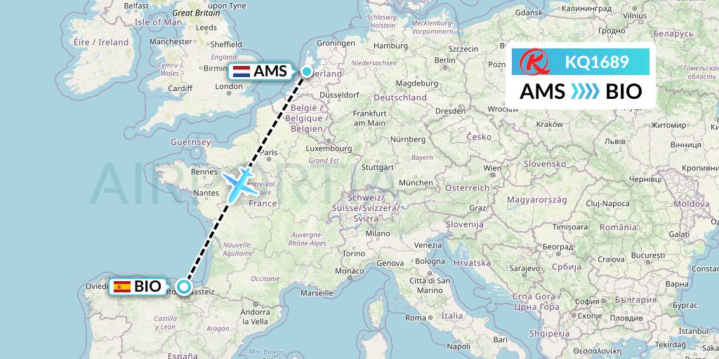 KQ1689 Kenya Airways Flight Map: Amsterdam to Bilbao