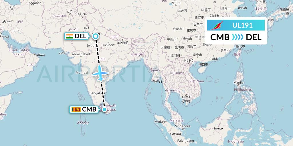 UL191 SriLankan Airlines Flight Map: Colombo to Delhi