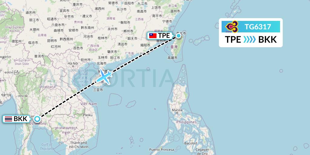 TG6317 Thai Airways Flight Map: Taipei to Bangkok