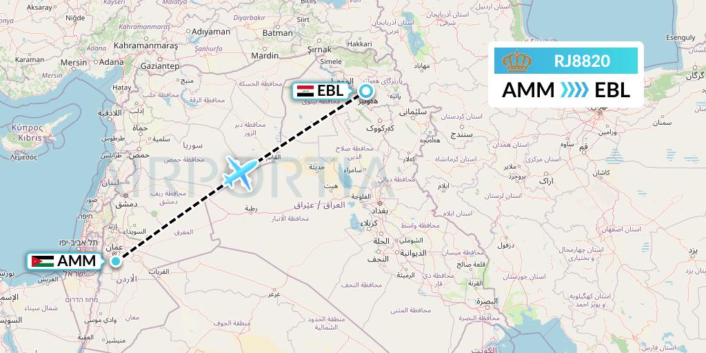 RJ8820 Royal Jordanian Flight Map: Amman to Arbil