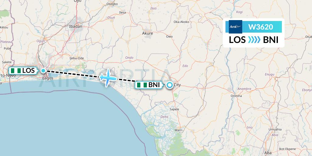 W3620 Arik Air Flight Map: Lagos to Benin