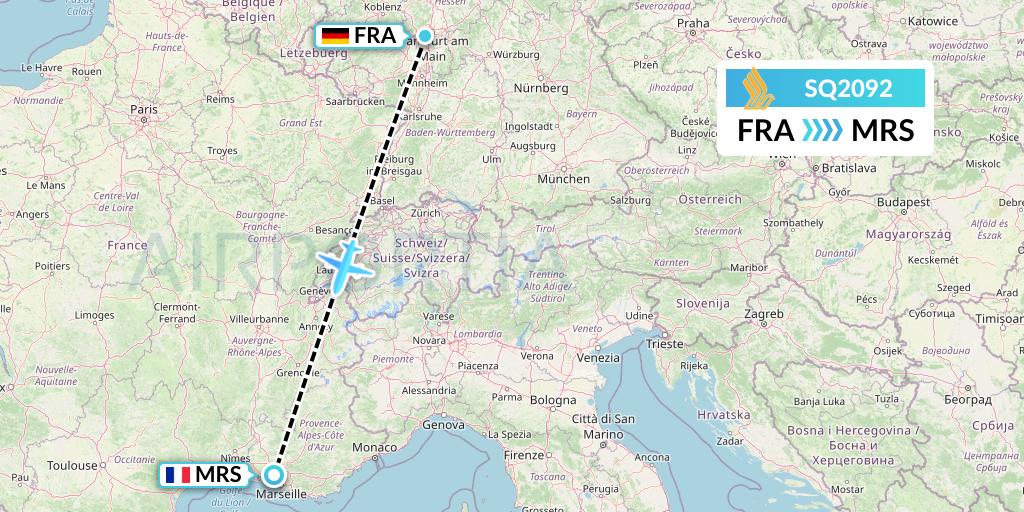 SQ2092 Singapore Airlines Flight Map: Frankfurt to Marseille