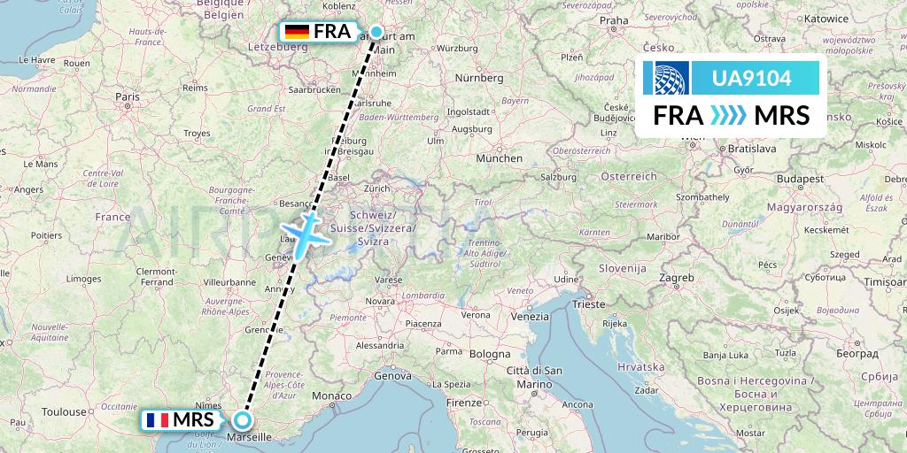 UA9104 United Airlines Flight Map: Frankfurt to Marseille