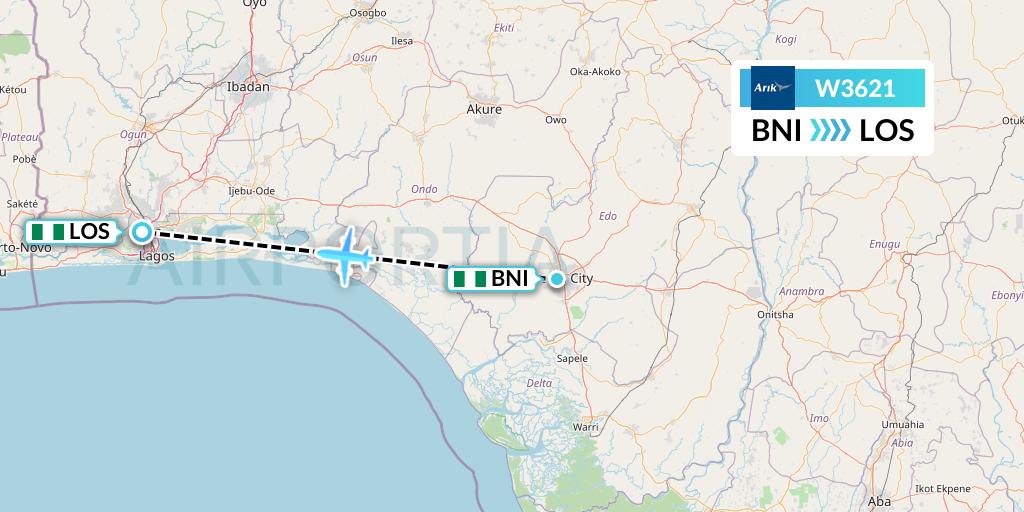 W3621 Arik Air Flight Map: Benin to Lagos