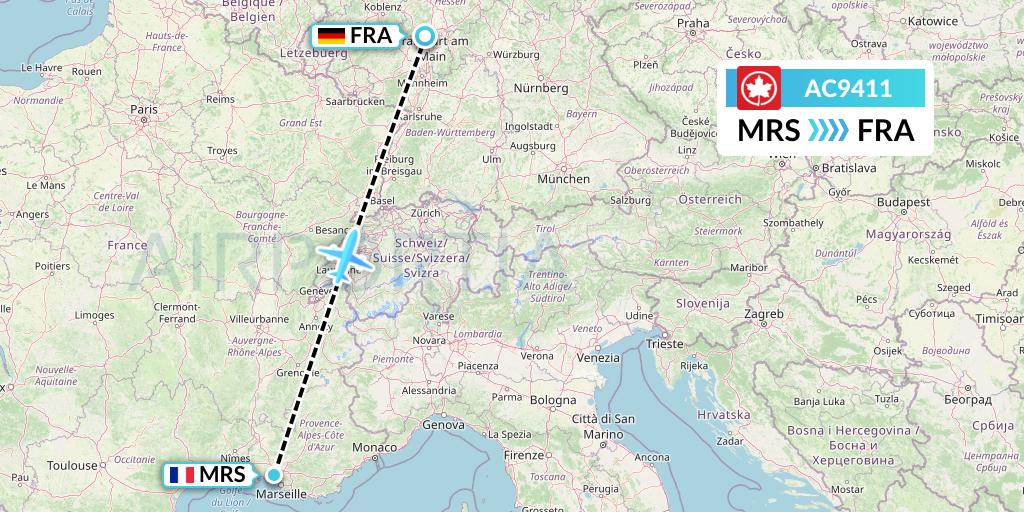 AC9411 Air Canada Flight Map: Marseille to Frankfurt