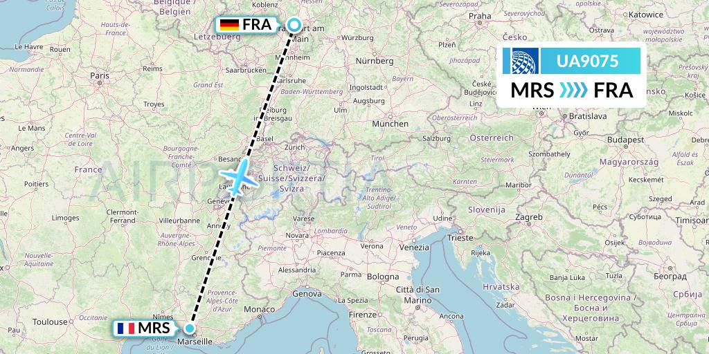 UA9075 United Airlines Flight Map: Marseille to Frankfurt