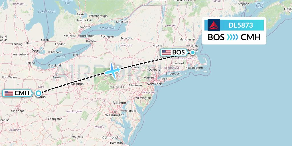 DL5873 Delta Air Lines Flight Map: Boston to Columbus