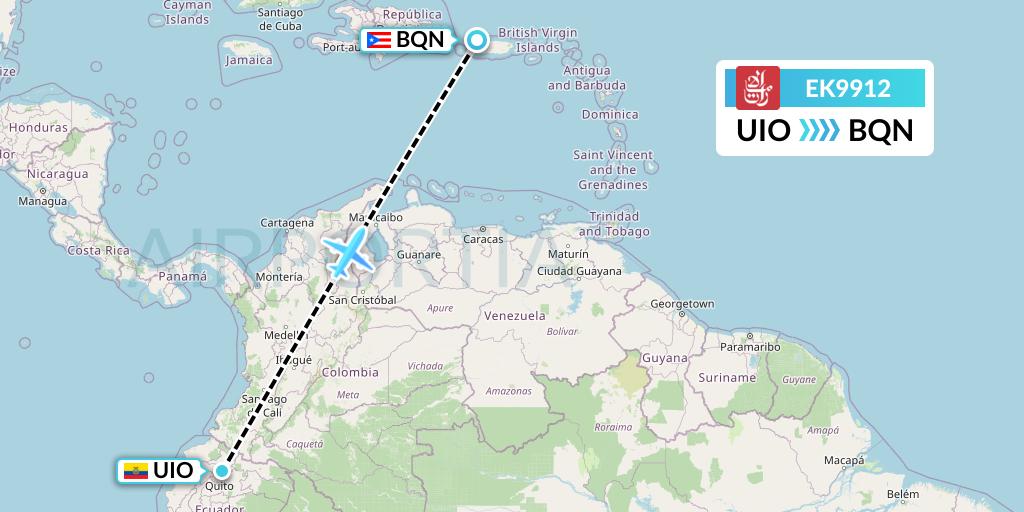 EK9912 Emirates Flight Map: Quito to Aguadilla