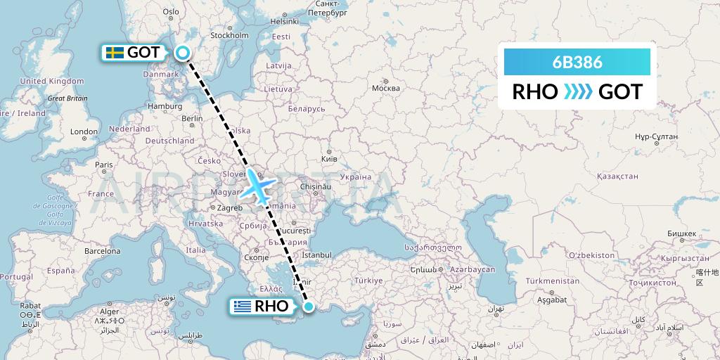 6B386 TUI fly Nordics Flight Map: Rhodes to Gothenburg