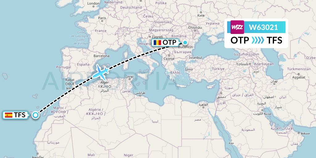 W63021 Wizz Air Flight Map: Bucharest to Tenerife