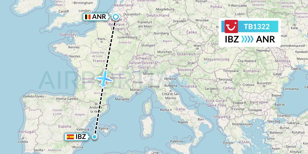 TB1322 TUI fly Belgium Flight Map: Ibiza to Antwerp