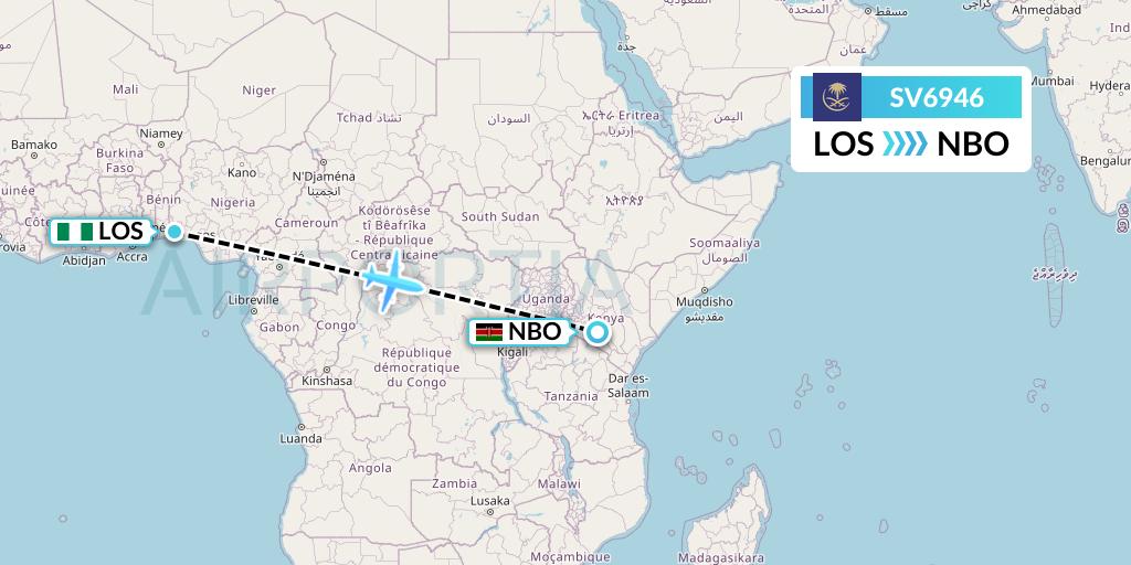 SV6946 Saudi Arabian Airlines Flight Map: Lagos to Nairobi