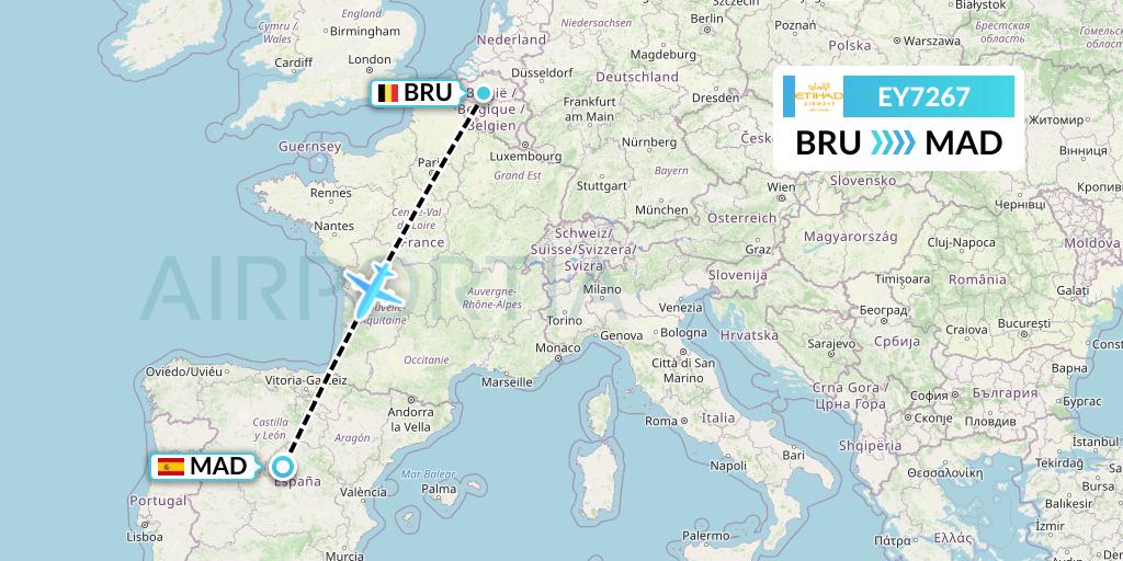 EY7267 Etihad Airways Flight Map: Brussels to Madrid