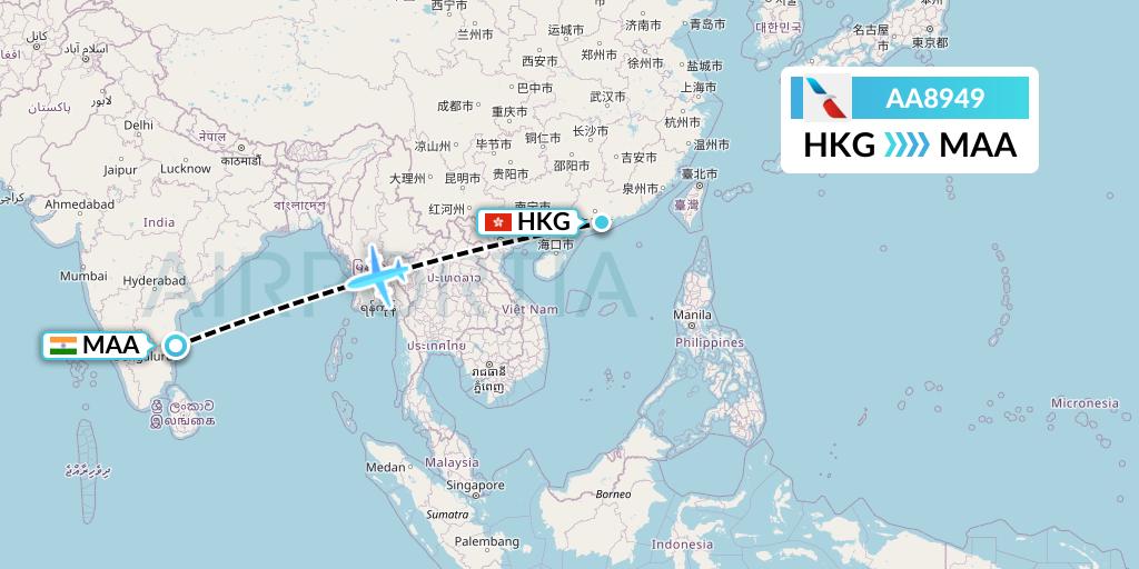 AA8949 American Airlines Flight Map: Hong Kong to Chennai