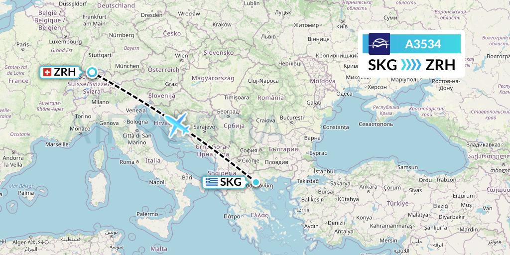 A3534 Aegean Airlines Flight Map: Thessaloniki to Zurich