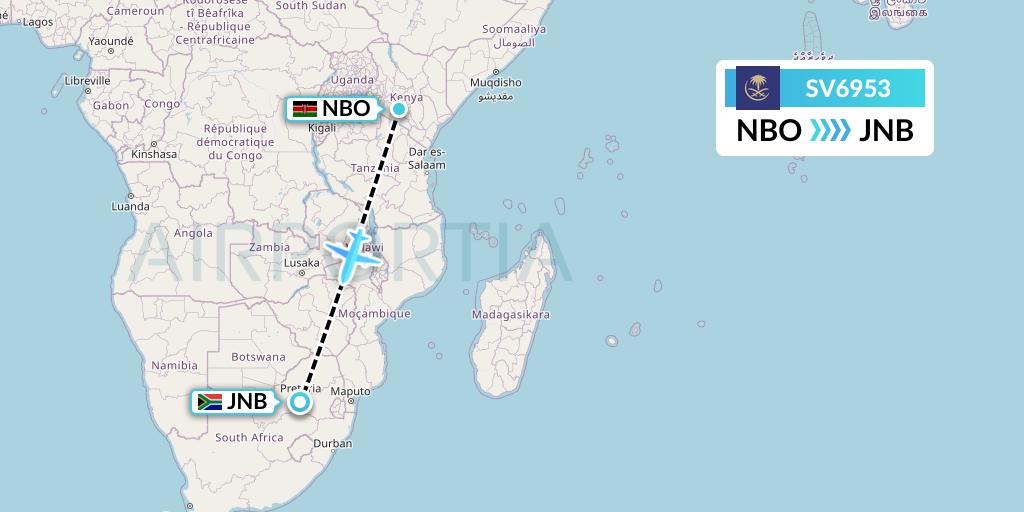 SV6953 Saudi Arabian Airlines Flight Map: Nairobi to Johannesburg