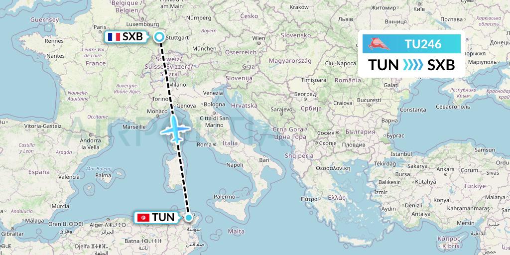 TU246 Tunisair Flight Map: Tunis to Strasbourg