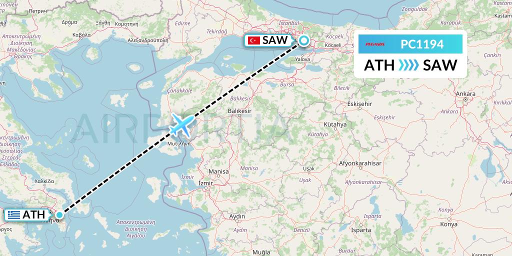 PC1194 Pegasus Airlines Flight Map: Athens to Istanbul