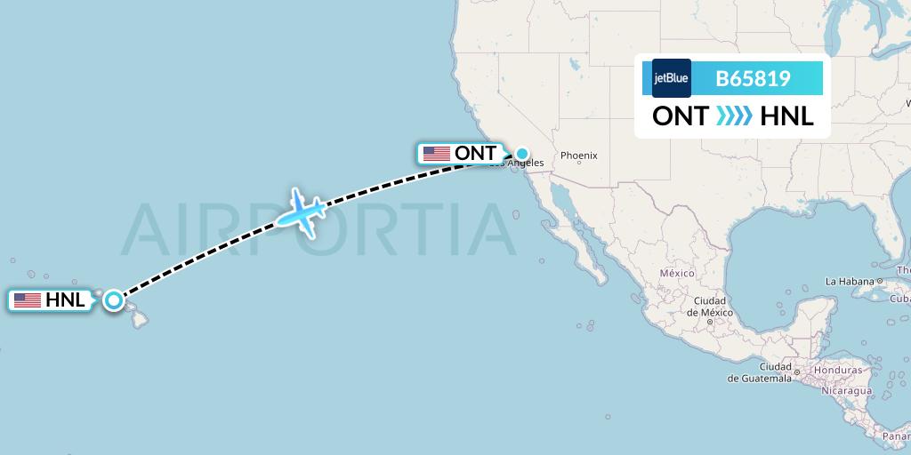 B65819 JetBlue Airways Flight Map: Ontario to Honolulu