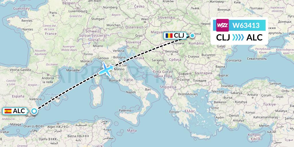 W63413 Wizz Air Flight Map: Cluj-Napoca to Alicante
