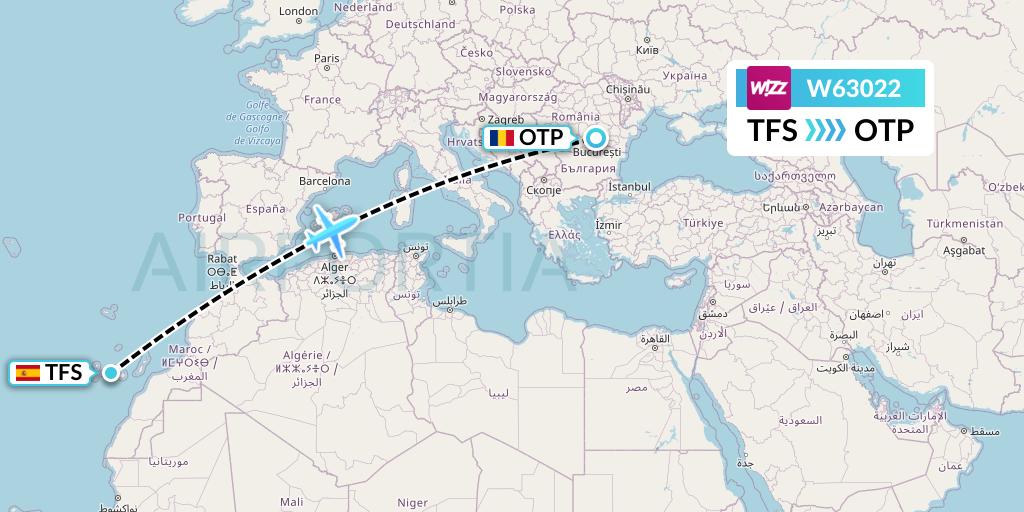 W63022 Wizz Air Flight Map: Tenerife to Bucharest