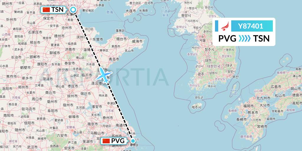 Y87401 Yangtze River Express Flight Map: Shanghai to Tianjin