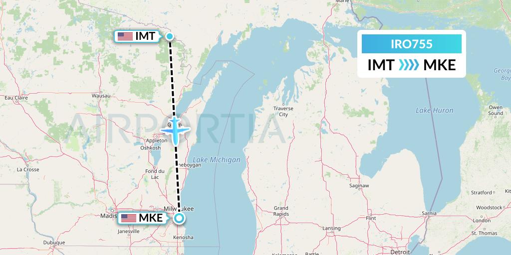 IRO755 CSA Air Flight Map: Iron Mountain Kingsford to Milwaukee