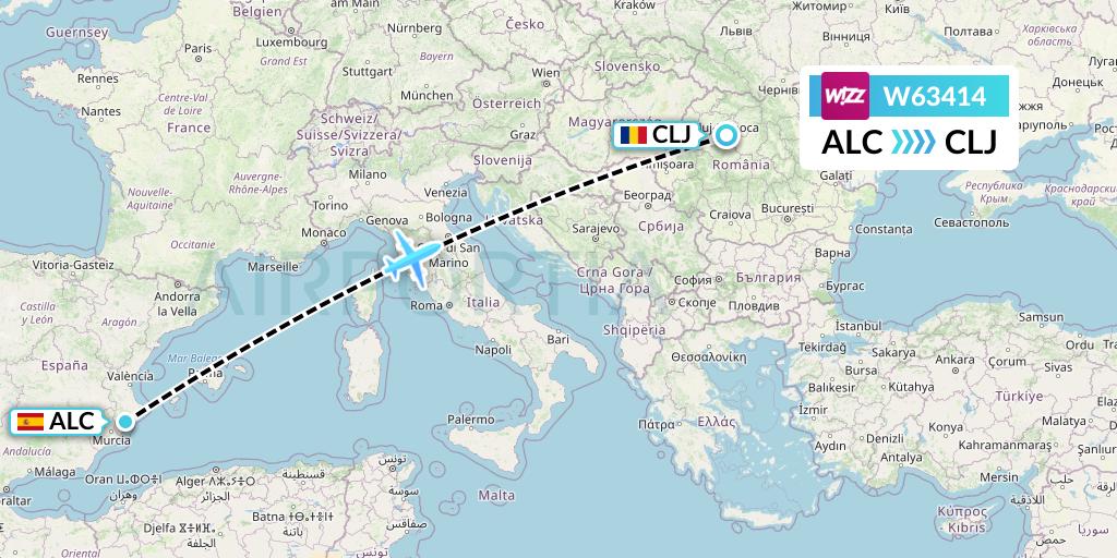W63414 Wizz Air Flight Map: Alicante to Cluj-Napoca