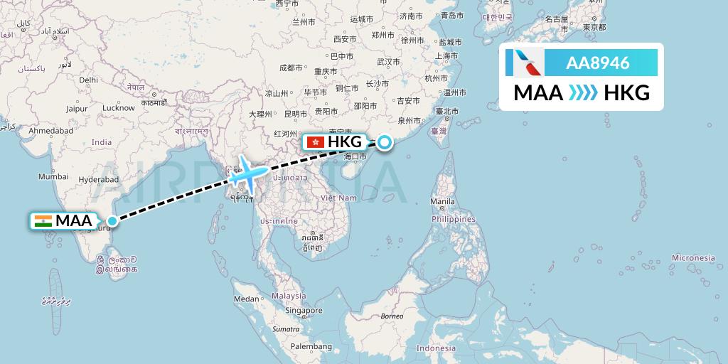 AA8946 American Airlines Flight Map: Chennai to Hong Kong