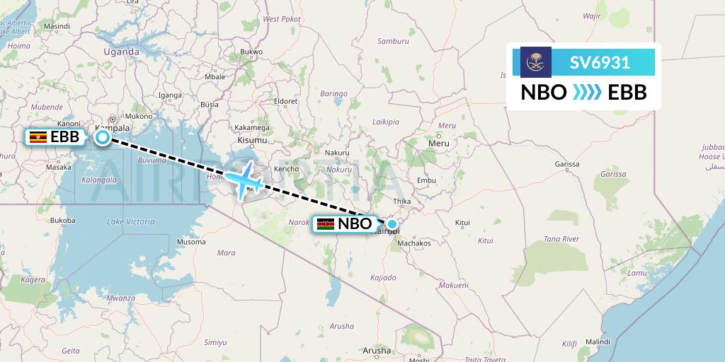 SV6931 Saudi Arabian Airlines Flight Map: Nairobi to Entebbe