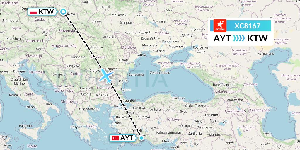 XC8167 Corendon Airlines Flight Map: Antalya to Katowice