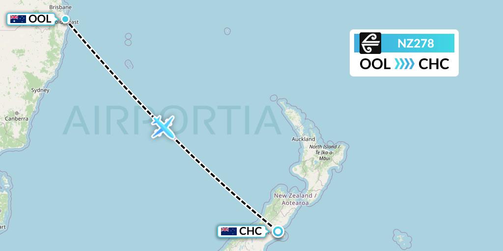 NZ278 Air New Zealand Flight Map: Gold Coast to Christchurch