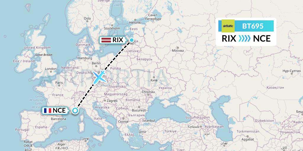 BT695 Air Baltic Flight Map: Riga to Nice