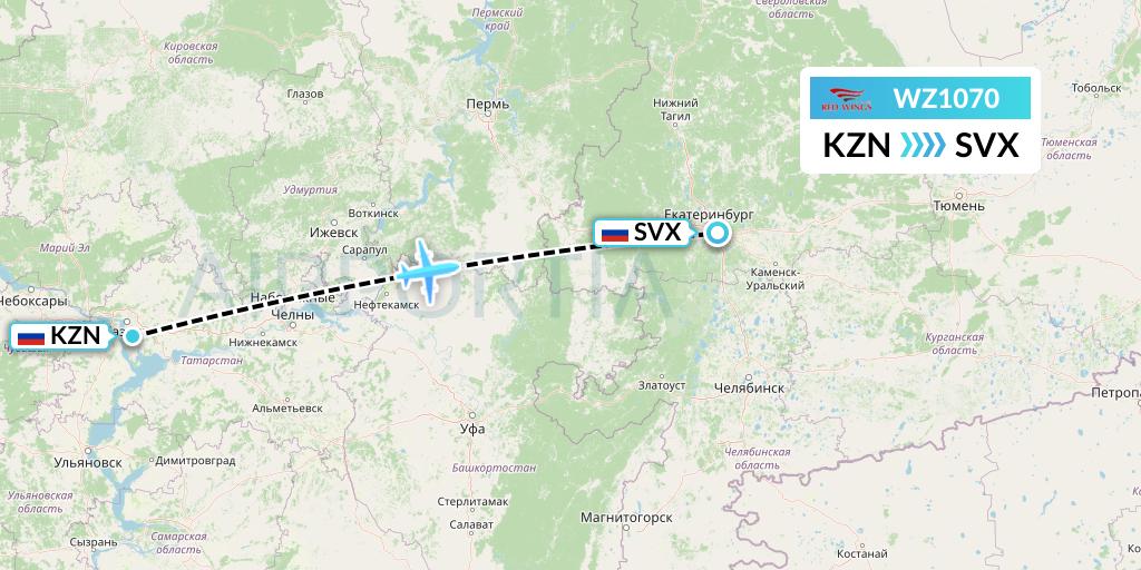 WZ1070 Red Wings Flight Map: Kazan to Yekaterinburg