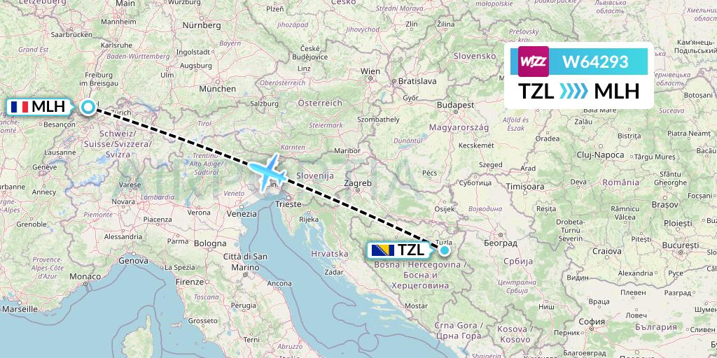 W64293 Wizz Air Flight Map: Tuzla to Basel Mulhouse Freiburg
