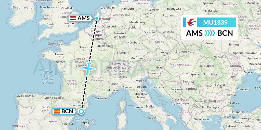 MU1839 China Eastern Airlines Flight Map: Amsterdam to Barcelona