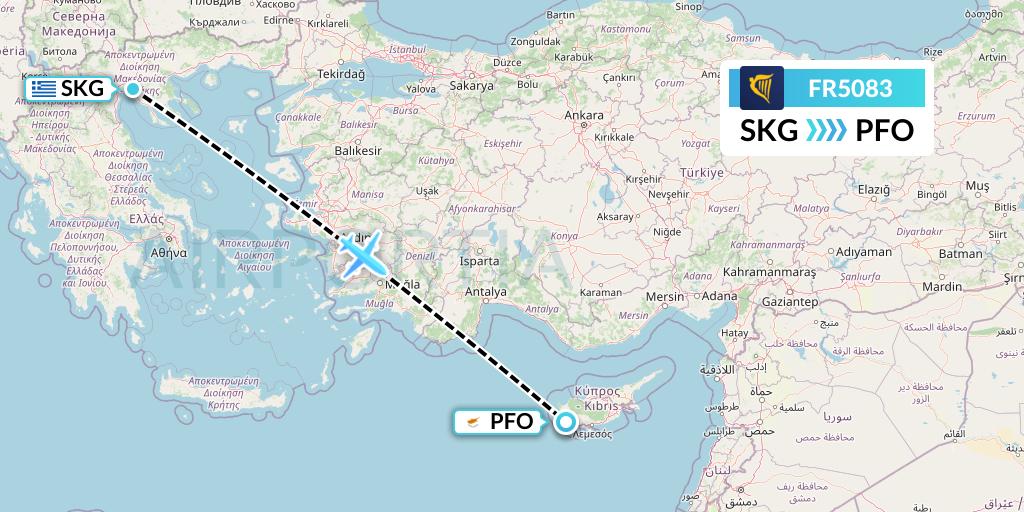 FR5083 Ryanair Flight Map: Thessaloniki to Pafos