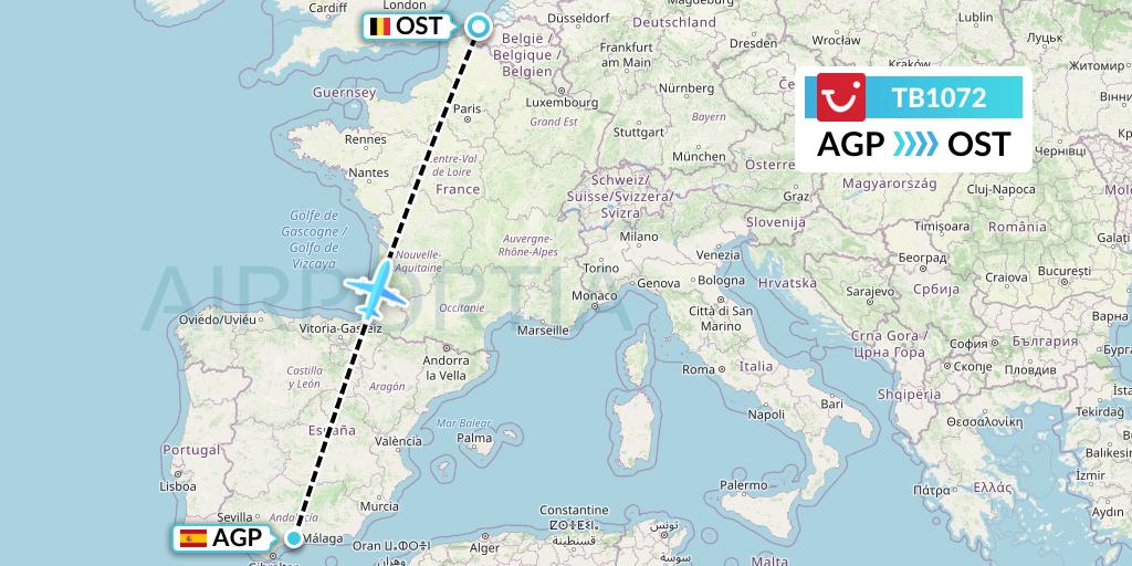 TB1072 TUI fly Belgium Flight Map: Malaga to Ostend