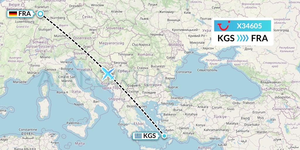 X34605 TUI fly Germany Flight Map: Kos to Frankfurt